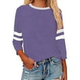thumbnail image 1 of Womens Tops 3/4 Length Sleeve Striped Color Block V-Neck T Shirts Summer Fashion Comfy Casual Loose Fit Pullover Blouses Z001-Purple XL, 1 of 5