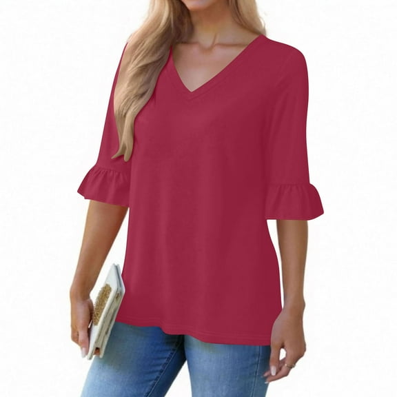 Womens Tops 3/4 Length Sleeve Summer Tunic T Shirts Ladies V-Neck Dressy Casual Ruffle Sleeve Blouses Wine XXL