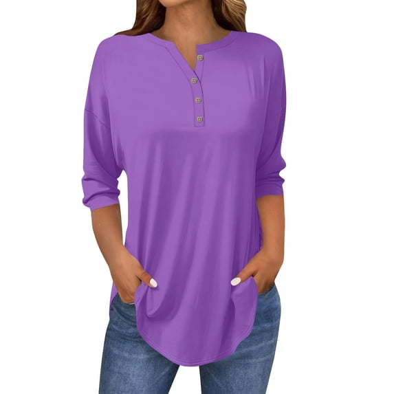 Womens Tops 3/4 Length Sleeve Tops Neck Casual Print Tunic T Shirts Three Quarter Length Tops Blouses For Women