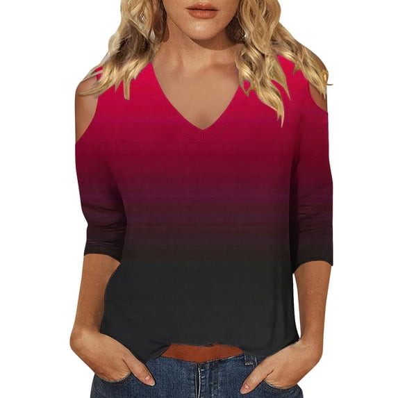 Womens Tops 3/4 Length Sleeve Tops Neck Casual Print Tunic T Shirts Three Quarter Length Tops Blouses For Women