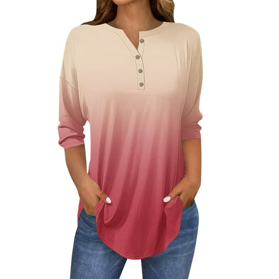 Womens Tops 3/4 Length Sleeve Tops Neck Casual Print Tunic T Shirts Three Quarter Length Tops Blouses For Women