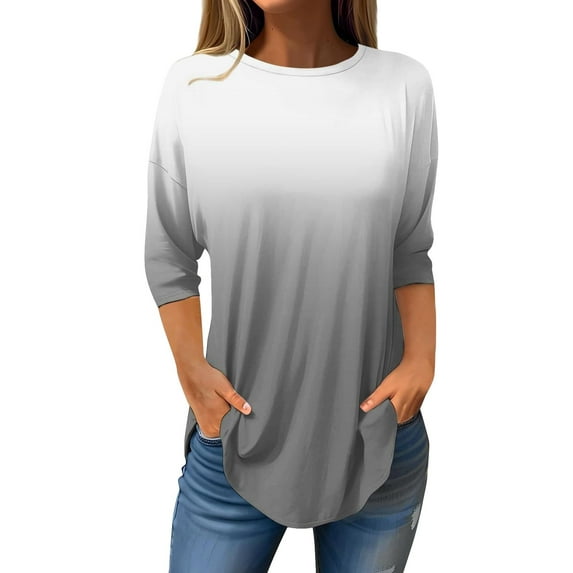 Womens Tops 3/4 Length Sleeve Tops Neck Casual Print Tunic T Shirts Three Quarter Length Tops Blouses For Women