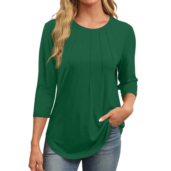 Womens Tops 3/4 Length Sleeve Tops Round Neck Casual Tunic Tops Basic Pleated Shirts Loose Fit Blouses For Women