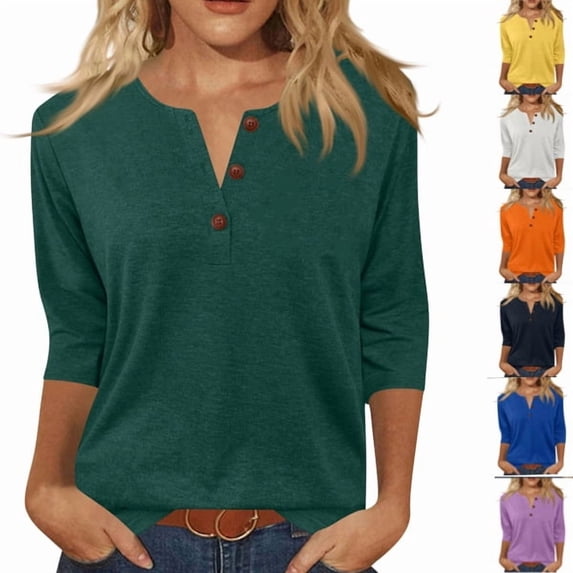 Womens Tops 3/4 Length Sleeve V Neck Button Down Shirts Business Casual Basic Tees Summer Tunic Tops 2026,Dark Green 4XL