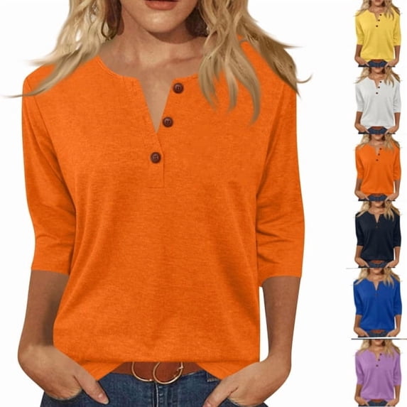 Womens Tops 3/4 Length Sleeve V Neck Button Down Shirts Business Casual Basic Tees Summer Tunic Tops 2026,Orange L