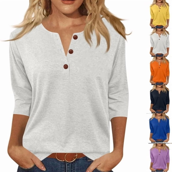 Womens Tops 3/4 Length Sleeve V Neck Button Down Shirts Business Casual Basic Tees Summer Tunic Tops 2026,White 5XL