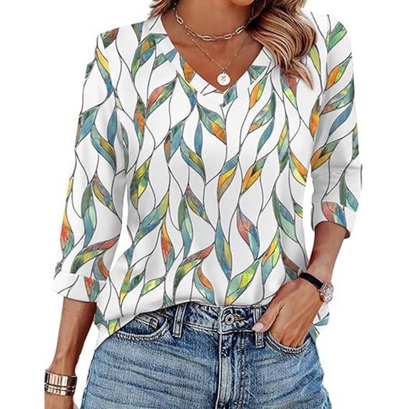 Womens Tops 3/4 Length Sleeve V Neck Casual Tunics Top Basic Shirt Loose Fit Blouse