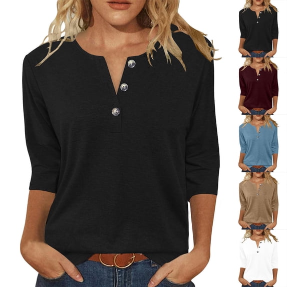 Womens Tops 3/4 Length Sleeve V Neck Loose Casual T Shirts Summer Cloithes 2026, Black 5XL