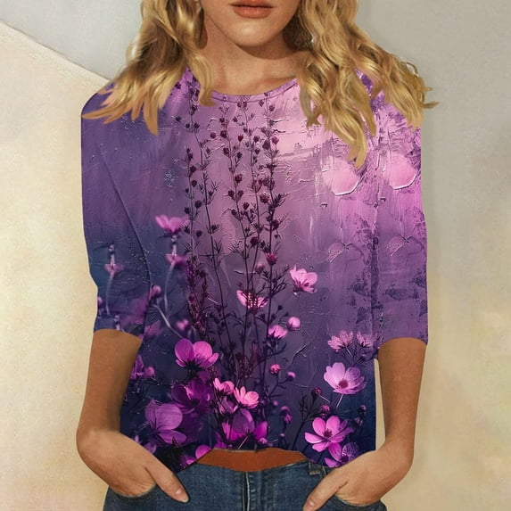 Womens Tops 3/4 Length Sleeve Womens Tops 2025 Fashion Three Quarter Sleeves Shirts Loose Plus Size T Shirts Floral Print Outfits Shirts for Women