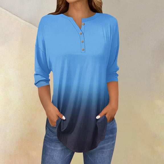 Womens Tops 3/4 Length Sleeve Womens Tops 2025 Spring Neck Casual Print Tunic T Shirts Three Quarter Length Womens Tops Shirts for Women