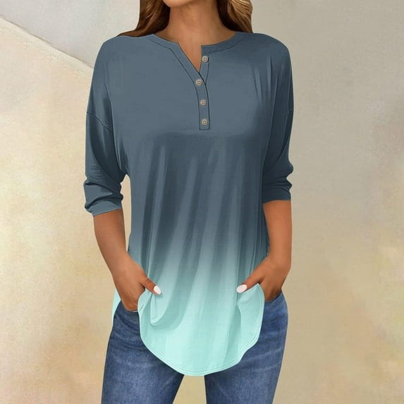 Womens Tops 3/4 Length Sleeve Womens Tops 2025 Spring Neck Casual Print Tunic T Shirts Three Quarter Length Womens Tops Shirts for Women