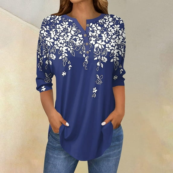 Womens Tops 3/4 Length Sleeve Womens Tops 2025 Spring Neck Casual Print Tunic T Shirts Three Quarter Length Womens Tops Shirts for Women