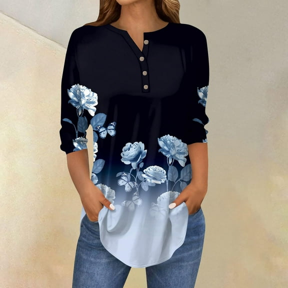 Womens Tops 3/4 Length Sleeve Womens Tops 2025 Spring Neck Casual Print Tunic T Shirts Three Quarter Length Womens Tops Shirts for Women