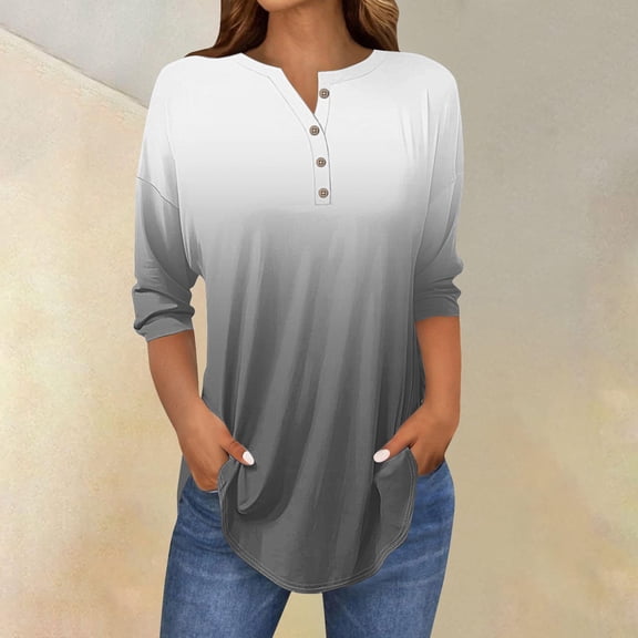 Gray Young Adult Tops 3/4 Length Sleeve Womens Tops 2025 Spring Neck Casual Print Tunic T Shirts Three Quarter Length Womens Tops Plus Size Tops for Women