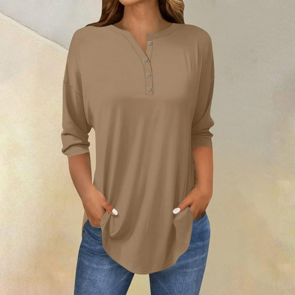 Womens Tops 3/4 Length Sleeve Womens Tops 2025 Spring Neck Casual Print Tunic T Shirts Three Quarter Length Womens Tops Shirts for Women