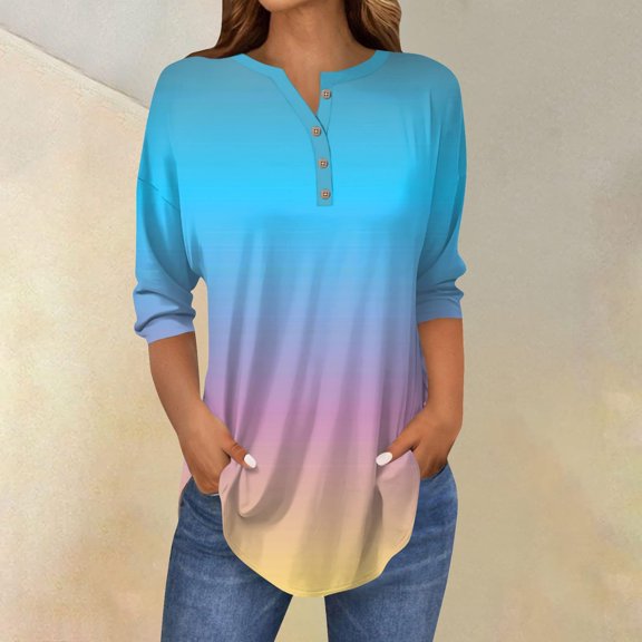 Womens Tops 3/4 Length Sleeve Womens Tops 2025 Spring Neck Casual Print Tunic T Shirts Three Quarter Length Womens Tops Shirts for Women