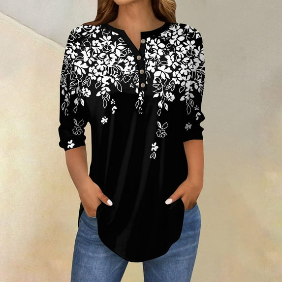 Womens Tops 3/4 Length Sleeve Womens Tops 2025 Spring Neck Casual Print Tunic T Shirts Three Quarter Length Womens Tops Shirts for Women