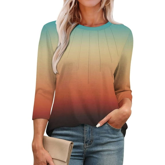 Womens Tops 3/4 Length Sleeve Womens Tops Round Neck Casual Tunic Tops Basic Pleated Shirts Loose Fit 2025 Shirts for Women