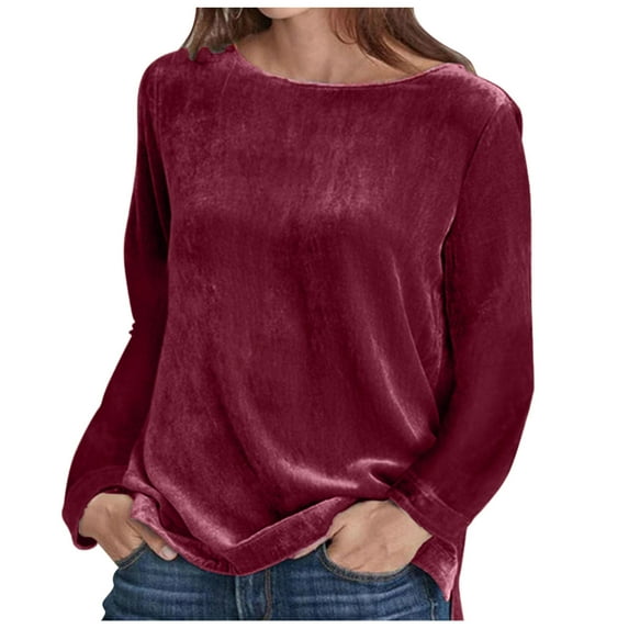 Womens Tops 3/4 Length Sleeves Solid Color Velvet Hoodie With Round Neck And Long Sleeves Blouses For Women Plus Size