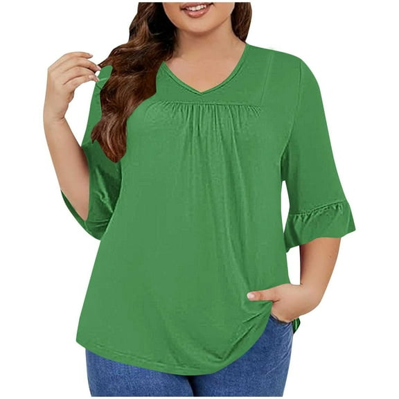 Womens Tops 3/4 Ruffle Sleeve V Neck Pleated Relaxed Fitting Tunic Fall Basic Tops Casual Loose Solid Flowy Shirts Blouse,Green 3,L
