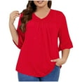 thumbnail image 1 of Womens Tops 3/4 Ruffle Sleeve V Neck Pleated Relaxed Fitting Tunic Fall Basic Tops Casual Loose Solid Flowy Shirts Blouse,Red 3,5XL, 1 of 5