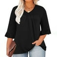 thumbnail image 1 of Womens Tops 3/4 Ruffled Sleeve V-neck Cotton Pleated Casual T-shirt Black XXXXXL, 1 of 6