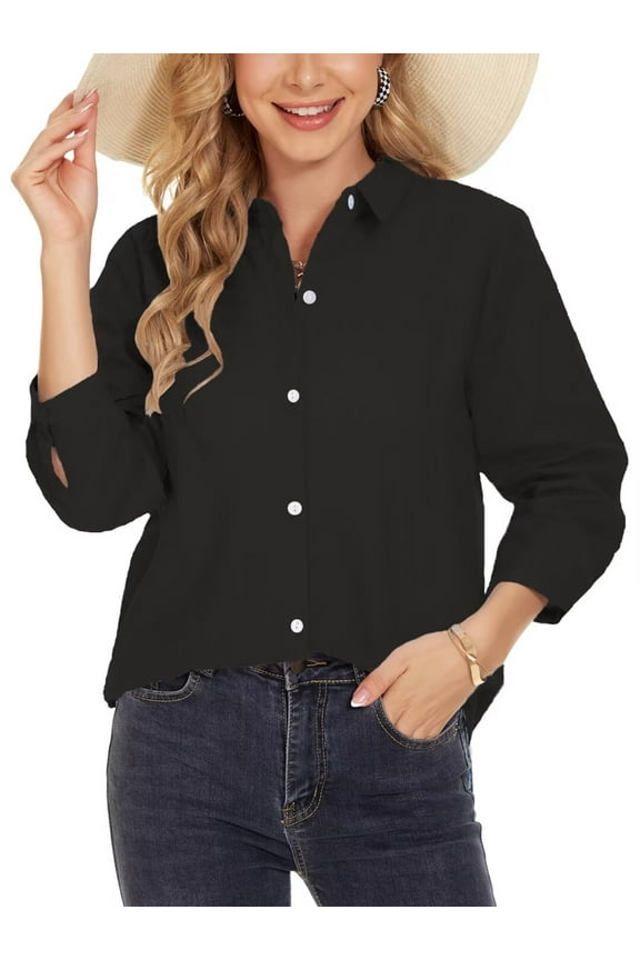 Womens Tops 3/4 Sleeve Button Down Shirts Cotton V Neck Swiss Dot Blouse Casual Work Shirt(Black L)