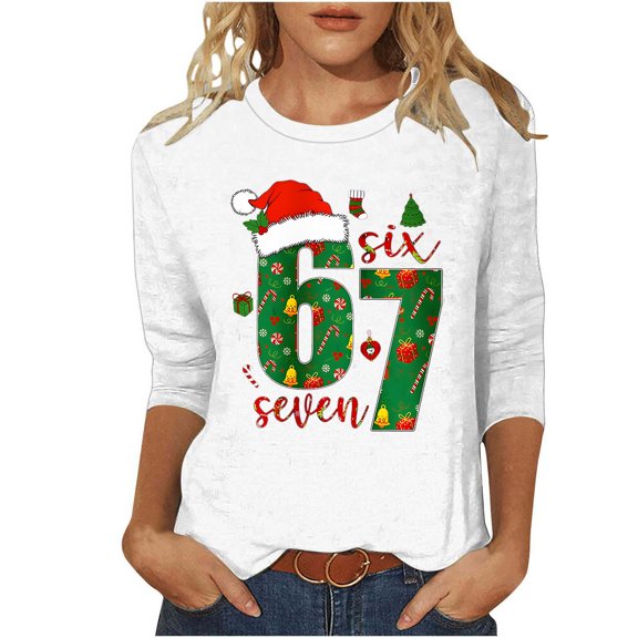 Womens Tops 3/4 Sleeve Casual 67 Graphic Tshirt Crew Neck Shirts Light Weight Blouses