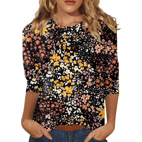 Womens Tops 3/4 Sleeve Casual Tee Crewneck Floral Print Shirts Blouses