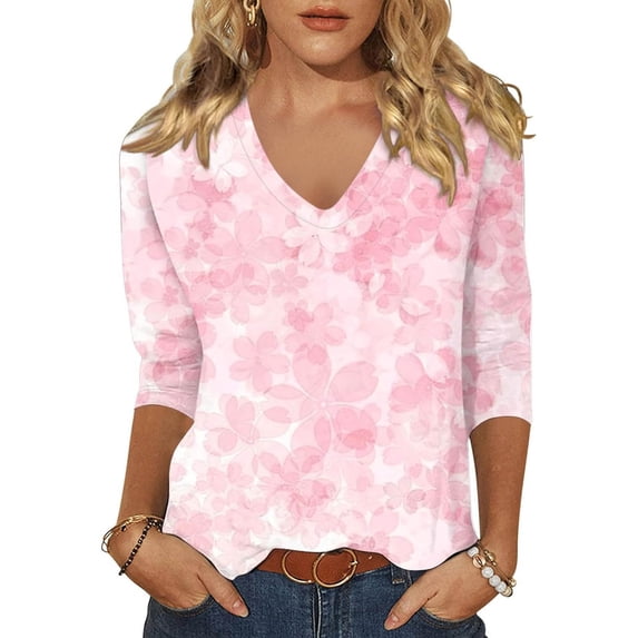 Womens Tops 3/4 Sleeve Casual V Neck Printed T Shirt Soft Blouse Top Summer Tops L