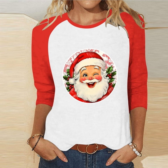 Womens Tops 3/4 Sleeve Christmas Printed Round Neck Casual T-shirt Blouse Tops Blouse for Women Red L