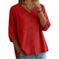 thumbnail image 1 of Womens Tops 3/4 Sleeve Cotton and Linen V Neck Embroidered Casual Loose Top Fashion Shirt, 1 of 6