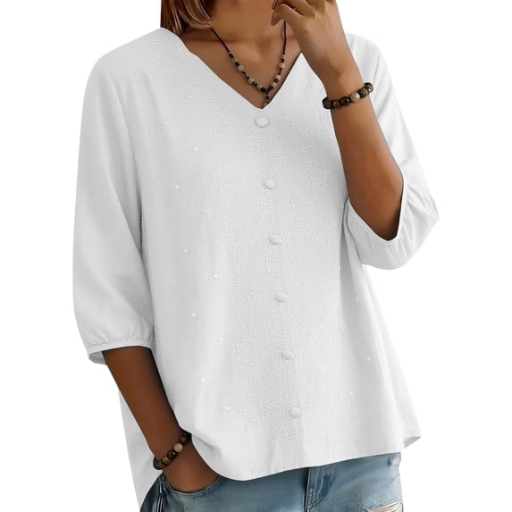 Womens Tops 3/4 Sleeve Cotton and Linen V Neck Embroidered Casual Loose Top Fashion Shirt