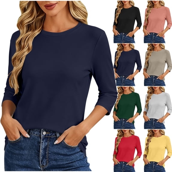 Womens Tops 3/4 Sleeve Crew Neck Casual Pullover Sweatshirt