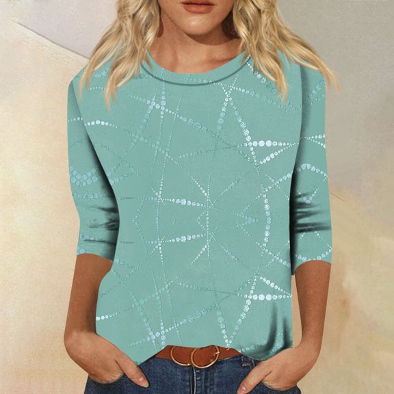 Womens Tops 3/4 Sleeve Crewneck Cute Shirts Casual Print Trendy Tops Three Quarter Length T Shirt Summer Pullover