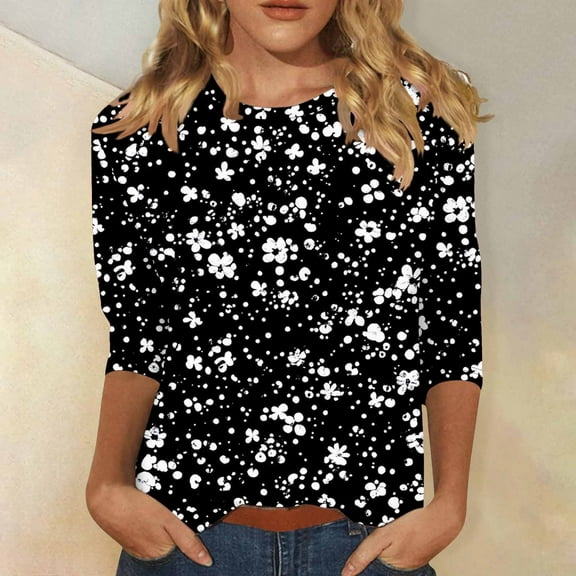 Womens Tops 3/4 Sleeve Crop Summer Top Womens Summer Tops V Neck Tight Printed T Shirts for Women Graphic