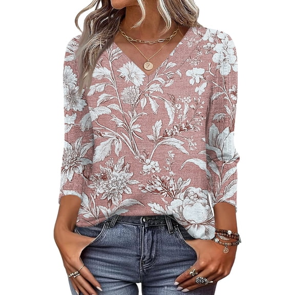 Womens Tops 3/4 Sleeve Dressy Casual Shirts Fall Outfits Travel Vacation Plus Size Spring Clothes Pink M