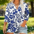 thumbnail image 1 of Womens Tops 3/4 Sleeve Floral Printed V-Neck Casual Plus Size Blouse Top Blue L,Tops for Women, 1 of 5