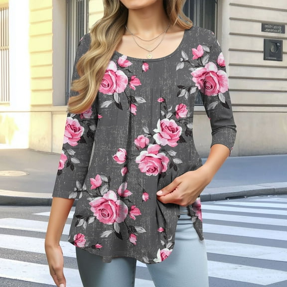 Womens Tops 3/4 Sleeve Floral Printing Round Neck Plus Size T-shirt Casual Blouse,Tops for Women Gray