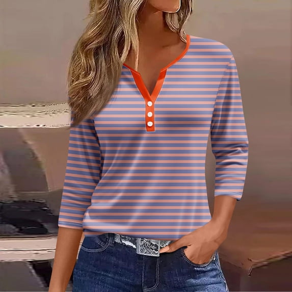 Womens Tops 3/4 Sleeve Henley Striped Button Down Shirts Three Quarter Length Summer T Shirts Women's Blouses