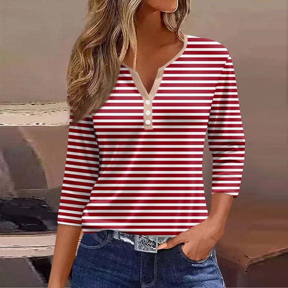 Womens Tops 3/4 Sleeve Henley Striped Button Down Shirts Three Quarter Length Summer T Shirts Women's Blouses