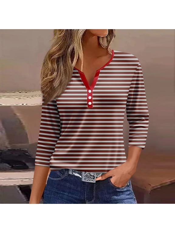 Womens Tops 3/4 Sleeve Henley Striped Button Down Shirts Three Quarter Length Summer T Shirts Women's Blouses