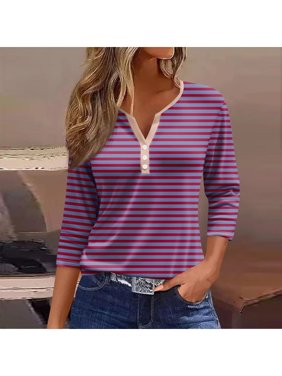 Womens Tops 3/4 Sleeve Henley Striped Button Down Shirts Three Quarter Length Summer T Shirts Women's Blouses