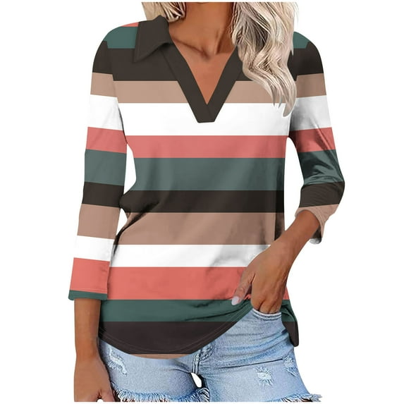 Womens Tops 3/4 Sleeve Lapel Color Block Stripe V-neck T-shirt Black S,Tops for Women
