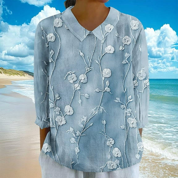 Womens Tops 3/4 Sleeve Lapel Print Round-Neck Turndown Collar Pullover Top Blue L,Tops for Women