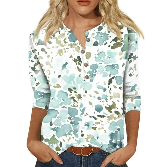 Womens Tops 3/4 Sleeve Loose Fit Summer Ethnic Floral Slim Going Out Tops for Women Plus Size Crewneck Slim Fit Half Sleeve Shirts for Women Trendy Y2K Spring Womens Blouses and Tops