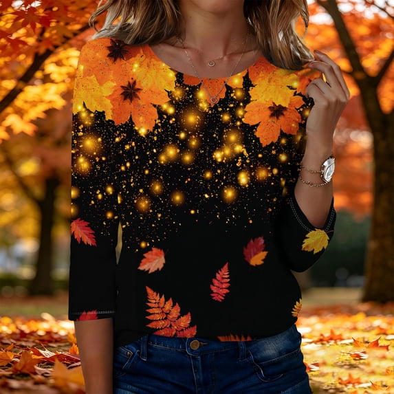 Womens Tops 3/4 Sleeve,Plus Size Fall Shirts for Women Casual Floral Printed Three Quarter Tunic top Loose Fit 3XL