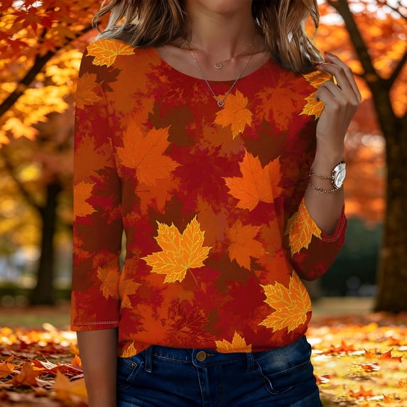 Womens Tops 3/4 Sleeve,Plus Size Fall Shirts for Women Casual Floral Printed Three Quarter Tunic top Loose Fit M