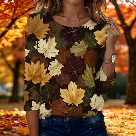 Womens Tops 3/4 Sleeve,Plus Size Fall Shirts for Women Casual Floral Printed Three Quarter Tunic top Loose Fit XL
