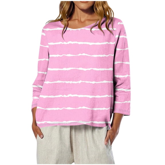 Womens Tops 3/4 Sleeve Printed Stripe Round Neck Casual T-shirt Loose Tops Pink M